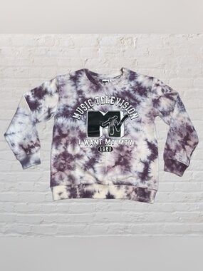 MTV Purple & White Tie Die Graphic Long Sleeve Pullover in Women’s Size Small